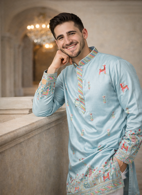 Sky blue color multi thread embroidery work silk kurta payjama set 1