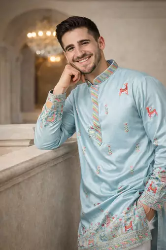 Sky blue color multi thread embroidery work silk kurta payjama set
