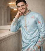 Sky blue color multi thread embroidery work silk kurta payjama set