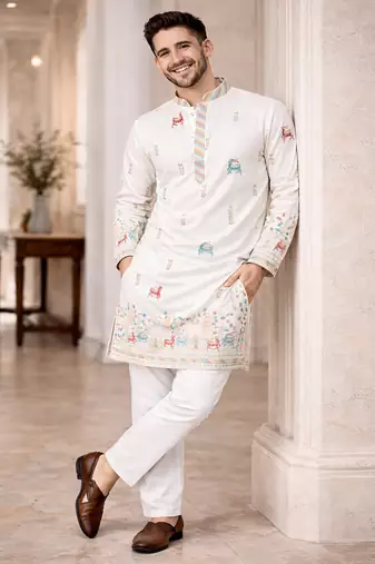 White color multi thread embroidery work silk kurta payjama set