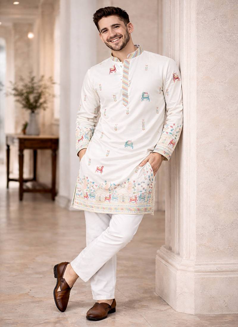 White color multi thread embroidery work silk kurta payjama set