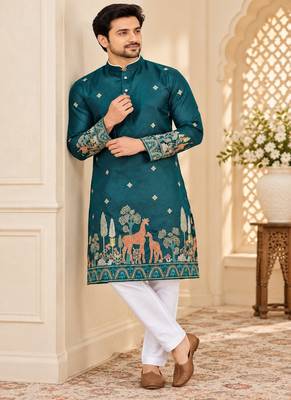 teal cotton kurta pajama with multi-thread embroidery 2