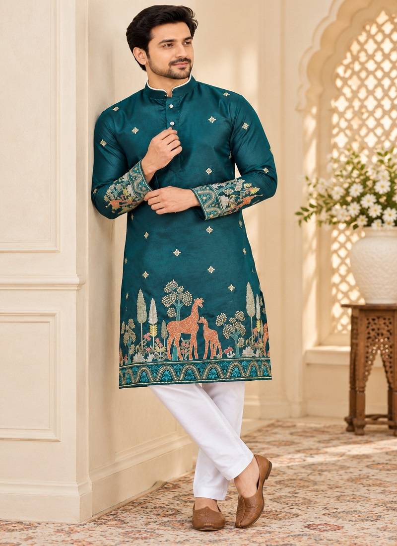 teal cotton kurta pajama with multi-thread embroidery
