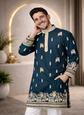 Teal color multi thread embroidery work silk kurta payjama set 2