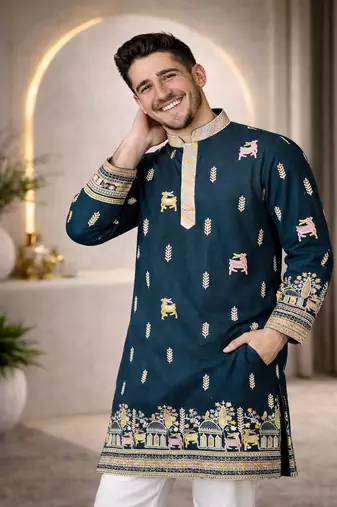 Teal color multi thread embroidery work silk kurta payjama set