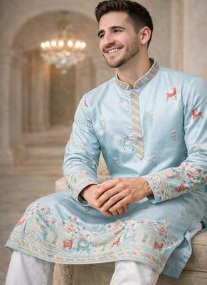 Sky blue color multi thread embroidery work silk kurta payjama set 2