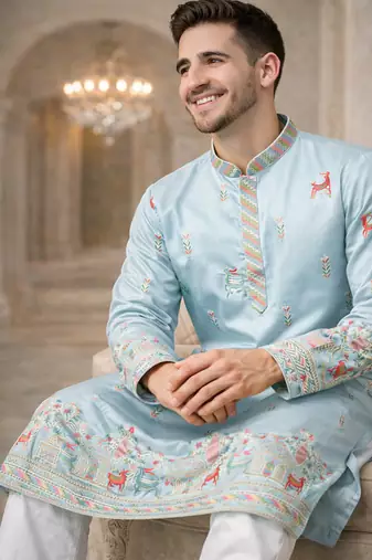 Sky blue color multi thread embroidery work silk kurta payjama set