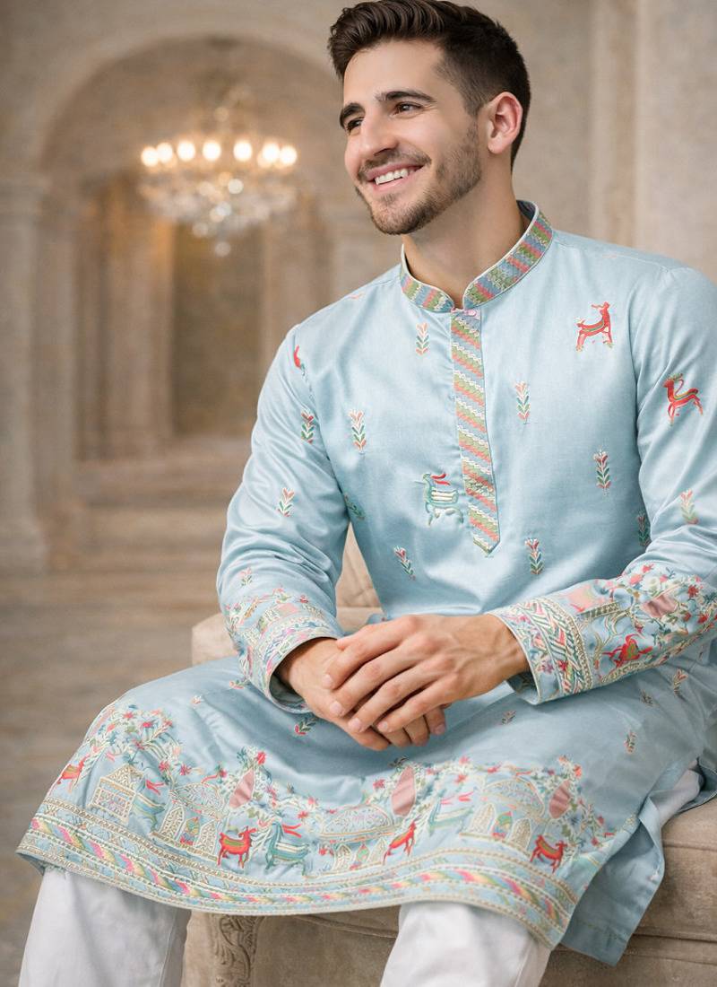 Sky blue color multi thread embroidery work silk kurta payjama set