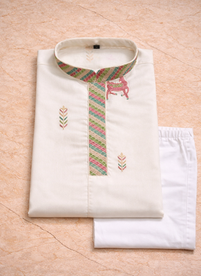 White color multi thread embroidery work silk kurta payjama set 5
