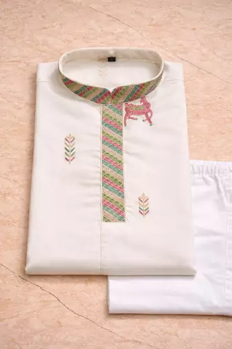 White color multi thread embroidery work silk kurta payjama set