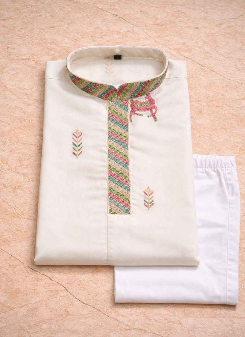 White color multi thread embroidery work silk kurta payjama set