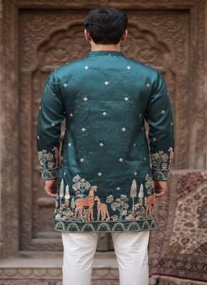 teal cotton kurta pajama with multi-thread embroidery 3