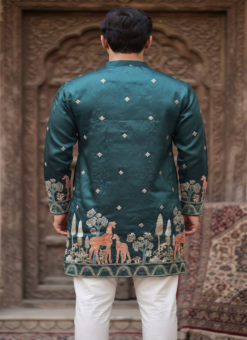 teal cotton kurta pajama with multi-thread embroidery
