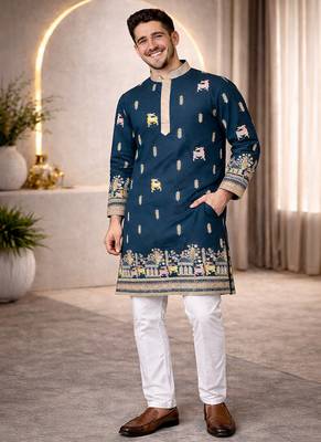 Teal color multi thread embroidery work silk kurta payjama set 3