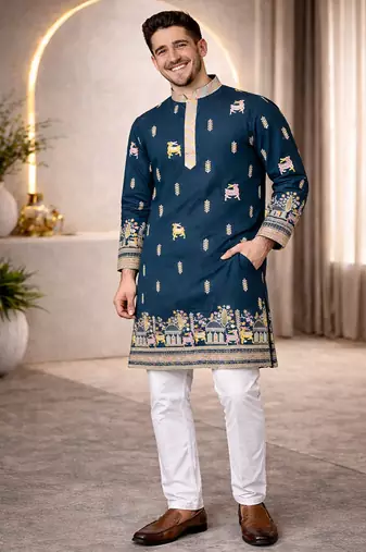 Teal color multi thread embroidery work silk kurta payjama set