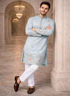 Sky blue color multi thread embroidery work silk kurta payjama set 3