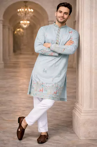 Sky blue color multi thread embroidery work silk kurta payjama set