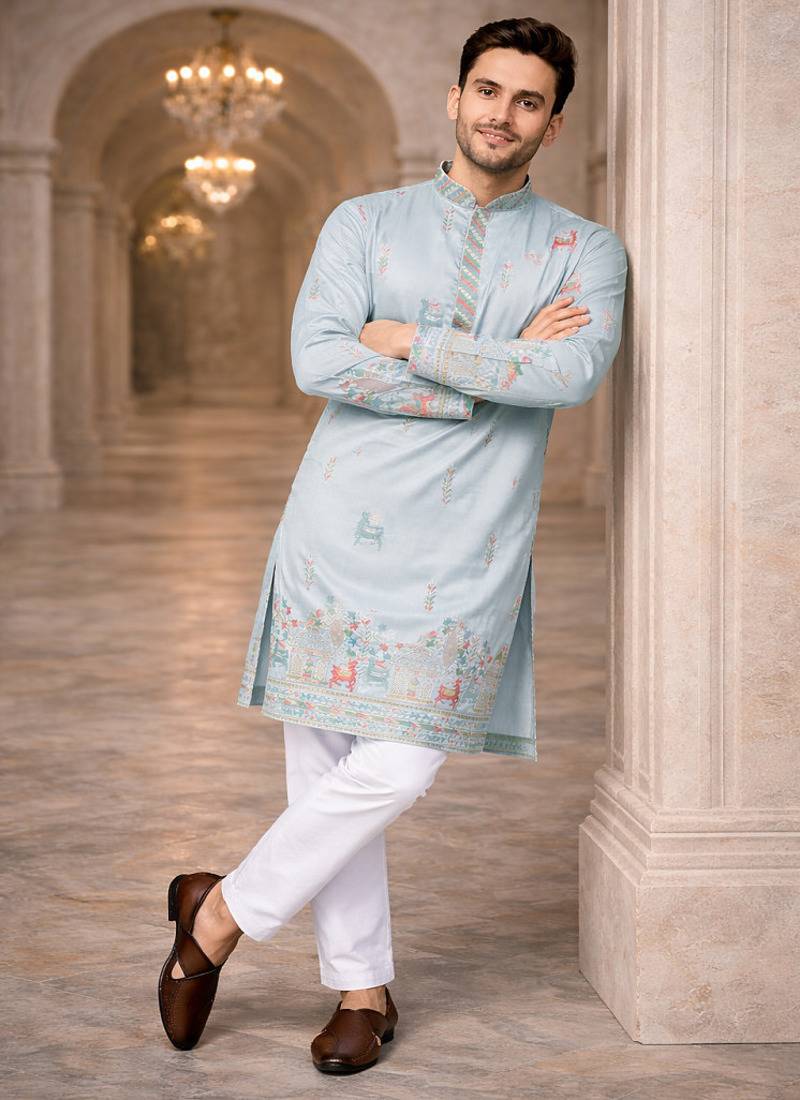 Sky blue color multi thread embroidery work silk kurta payjama set