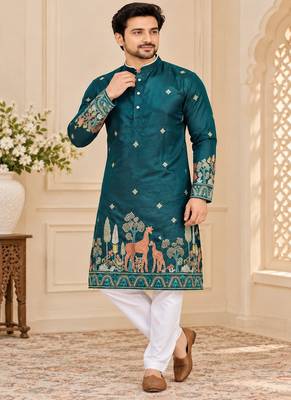 teal cotton kurta pajama with multi-thread embroidery 4