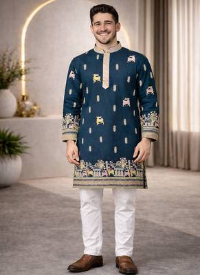 Teal color multi thread embroidery work silk kurta payjama set 4
