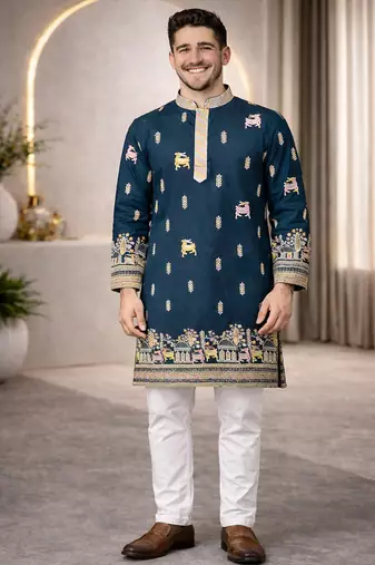 Teal color multi thread embroidery work silk kurta payjama set