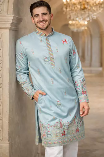 Sky blue color multi thread embroidery work silk kurta payjama set