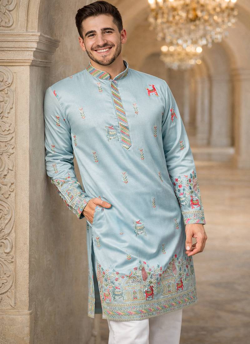 Sky blue color multi thread embroidery work silk kurta payjama set