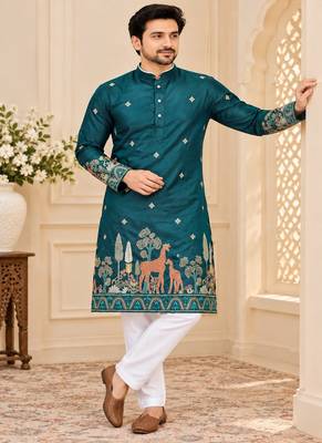 teal cotton kurta pajama with multi-thread embroidery 5