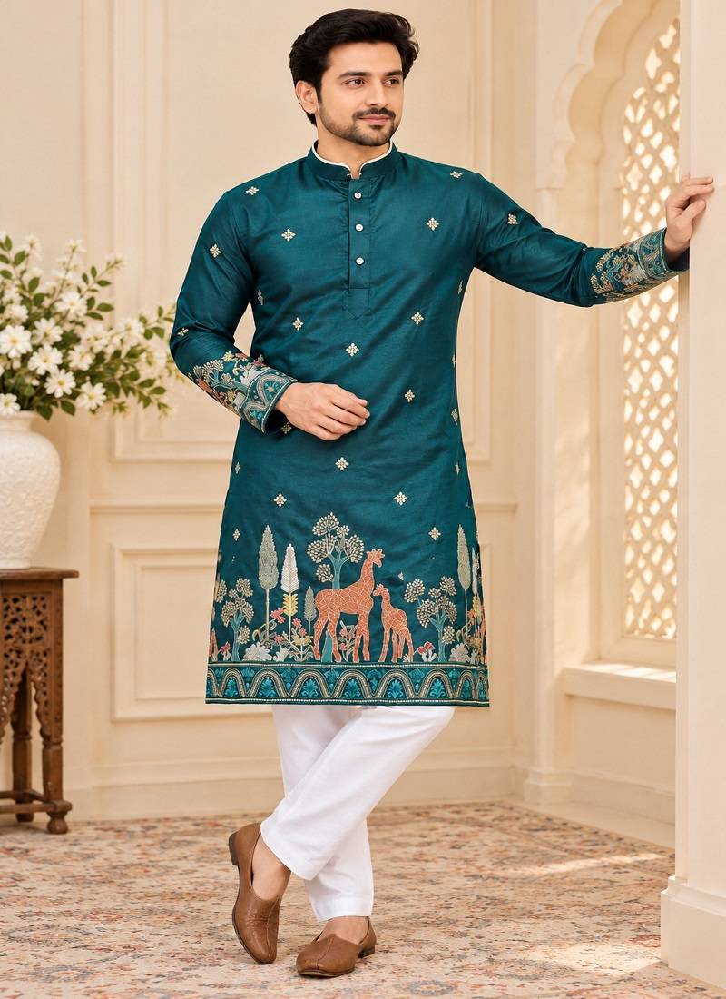 teal cotton kurta pajama with multi-thread embroidery