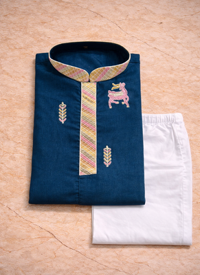 Teal color multi thread embroidery work silk kurta payjama set 5