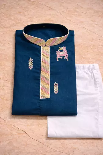 Teal color multi thread embroidery work silk kurta payjama set