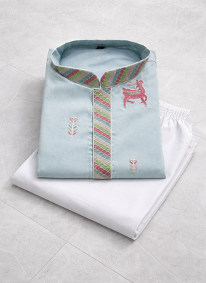 Sky blue color multi thread embroidery work silk kurta payjama set 5