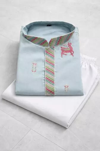 Sky blue color multi thread embroidery work silk kurta payjama set
