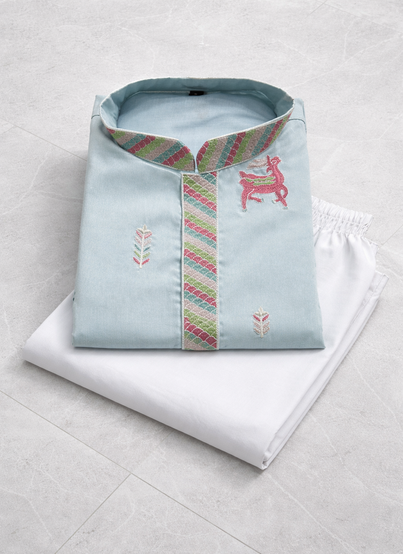 Sky blue color multi thread embroidery work silk kurta payjama set