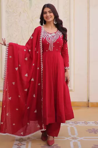 Maroon mal chanderi beads embroidery flared gown and bottom with heavy dupatta