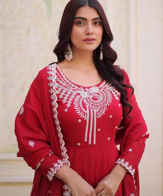 Maroon mal chanderi beads embroidery flared gown and bottom with heavy dupatta 3