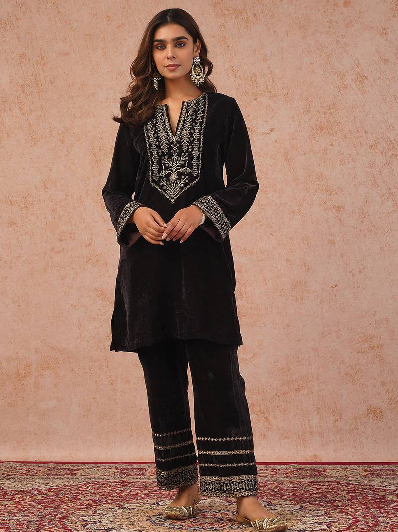 Womens embroidery coffee salwar suit set with dupatta