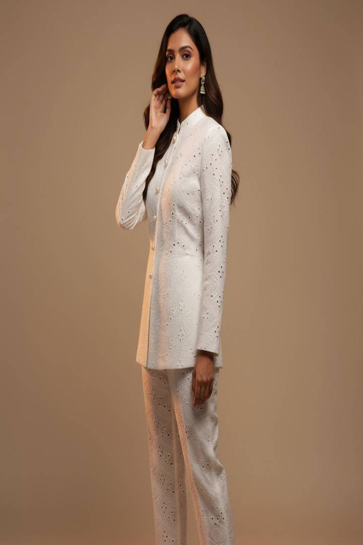 white cotton schiffli embroidered co-ord set