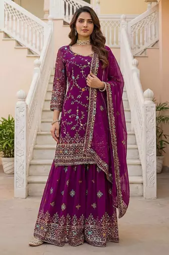 Wine Faux Georgette Multi Thread Work Wedding Wear Sharara Set