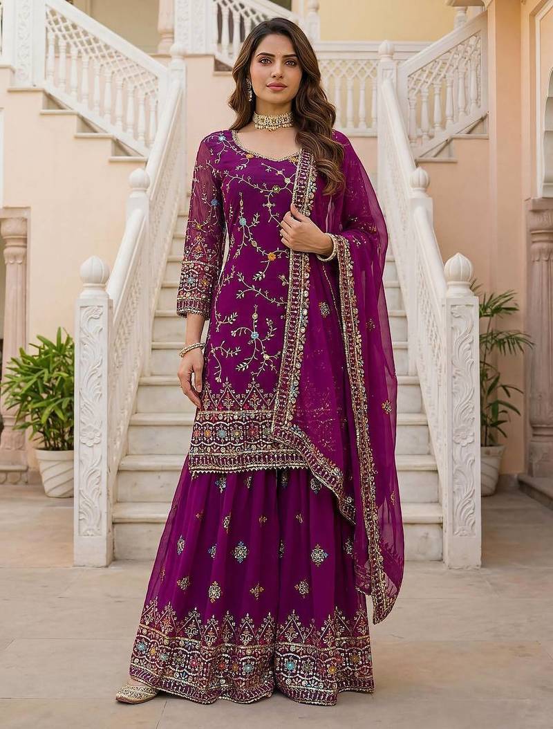 Wine Faux Georgette Multi Thread Work Wedding Wear Sharara Set