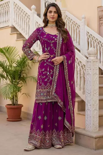 Wine Faux Georgette Multi Thread Work Wedding Wear Sharara Set