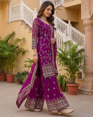 Wine Faux Georgette Multi Thread Work Wedding Wear Sharara Set 3