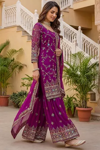 Wine Faux Georgette Multi Thread Work Wedding Wear Sharara Set