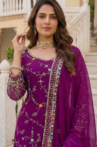 Wine Faux Georgette Multi Thread Work Wedding Wear Sharara Set