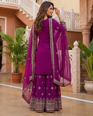 Wine Faux Georgette Multi Thread Work Wedding Wear Sharara Set 5
