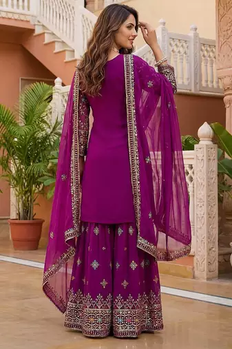 Wine Faux Georgette Multi Thread Work Wedding Wear Sharara Set