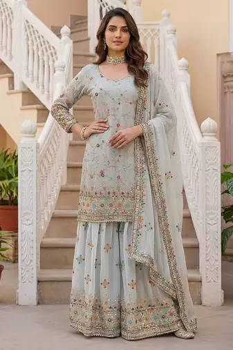 Grey Faux Georgette Multi Thread Work Wedding Wear Sharara Set
