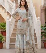 Grey Faux Georgette Multi Thread Work Wedding Wear Sharara Set