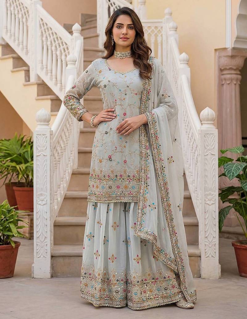 Grey Faux Georgette Multi Thread Work Wedding Wear Sharara Set