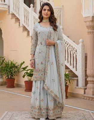 Grey Faux Georgette Multi Thread Work Wedding Wear Sharara Set 2